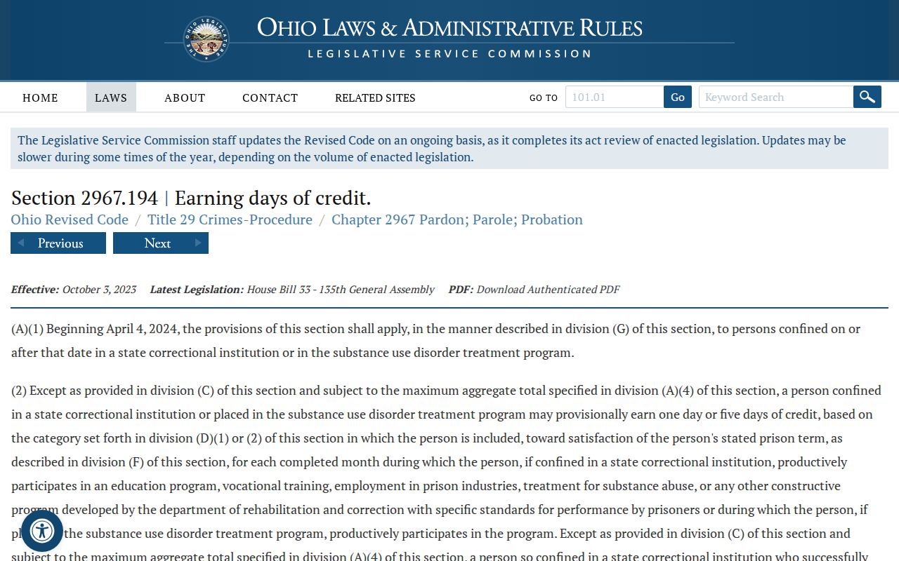 Current Ohio earned credit law for Montgomery County release date calculations