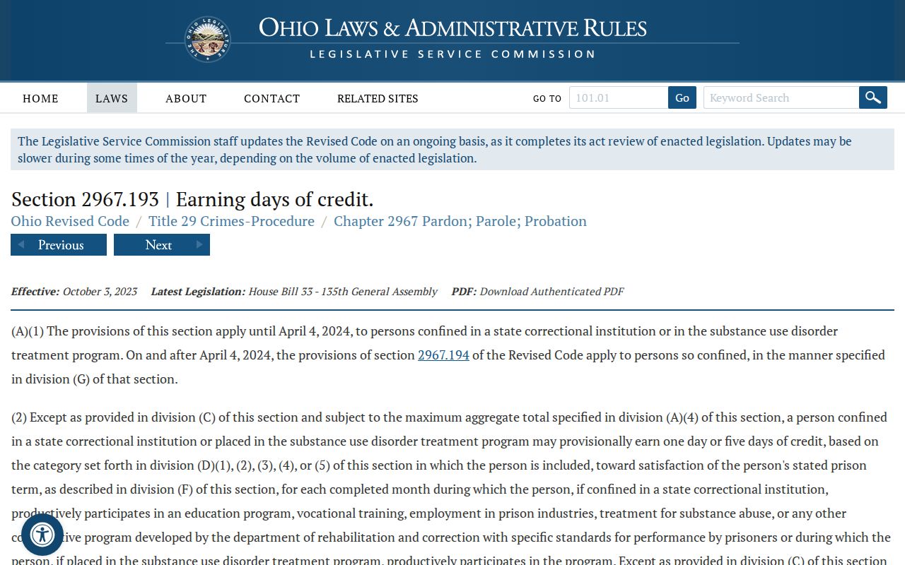 Former Ohio sentence credit statute for Montgomery County release date records