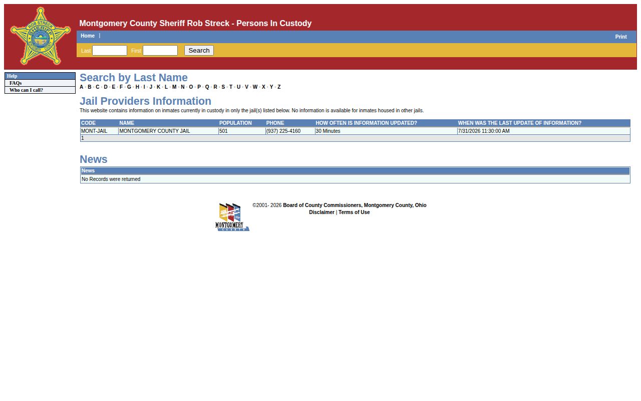Montgomery County current custody roster used before a released inmate search