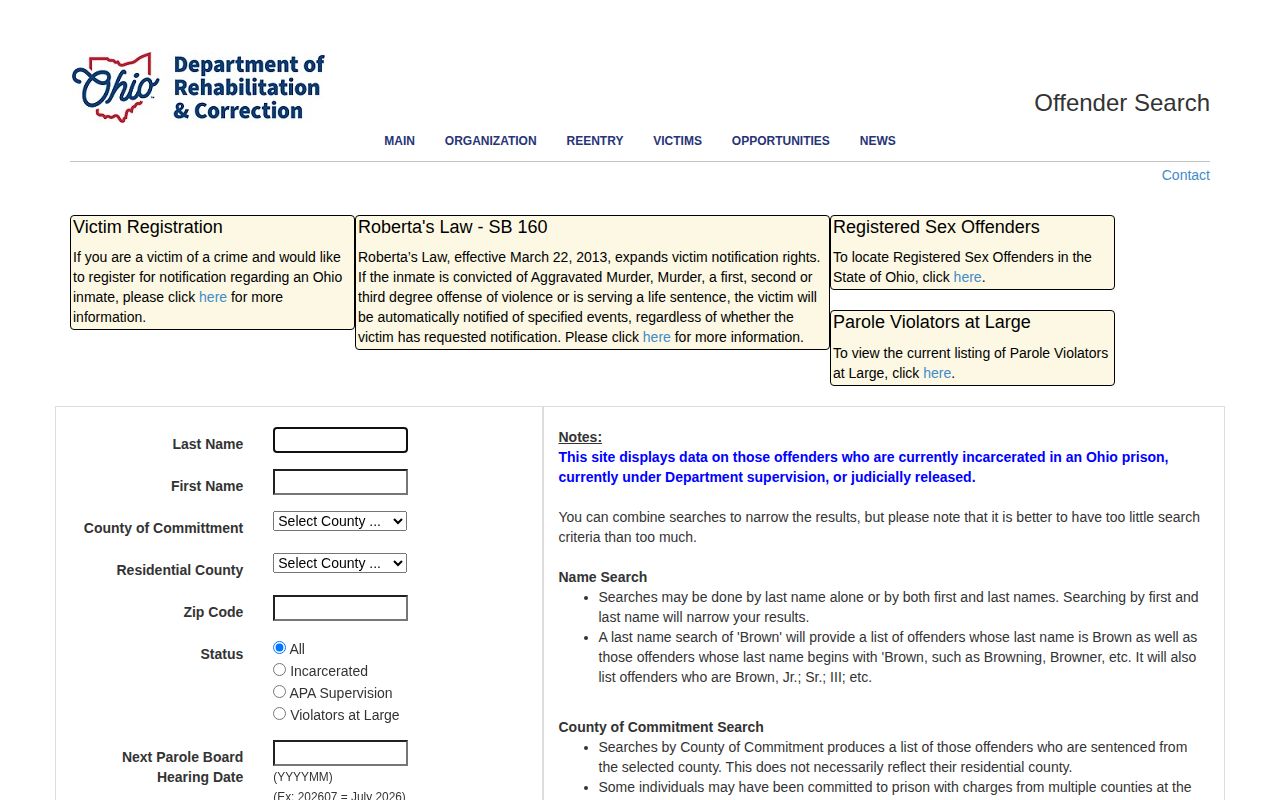 ODRC offender search fields for Montgomery County released inmates