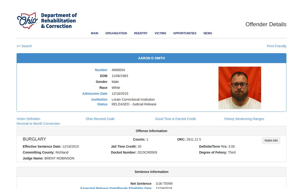 ODRC released result used for Dayton Correctional Institution discharge lookup